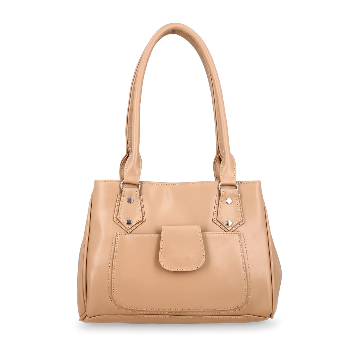 Beige Faux Leather 3 Compartment Handbag with Dual Handles image number 0