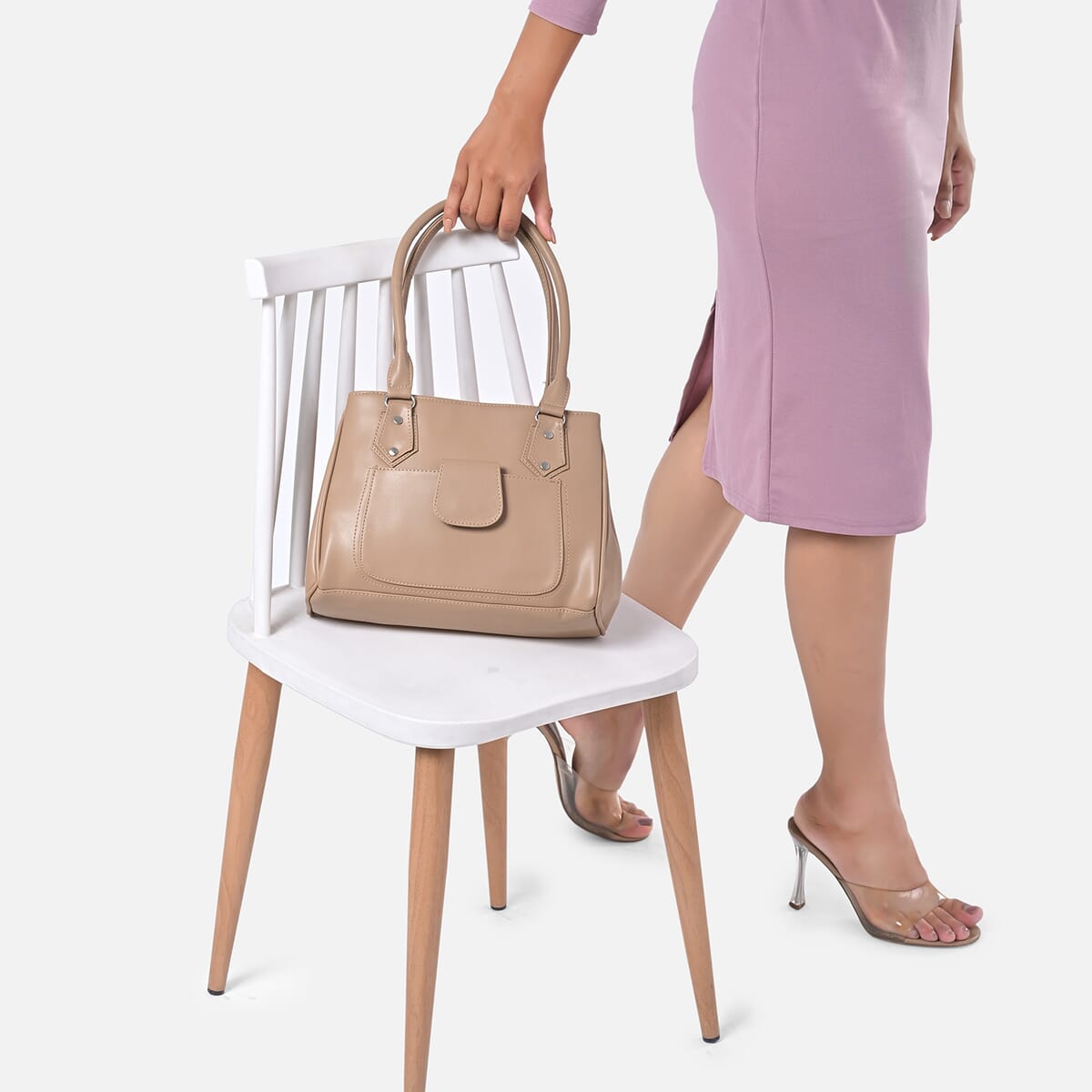 Beige Faux Leather 3 Compartment Handbag with Dual Handles image number 2