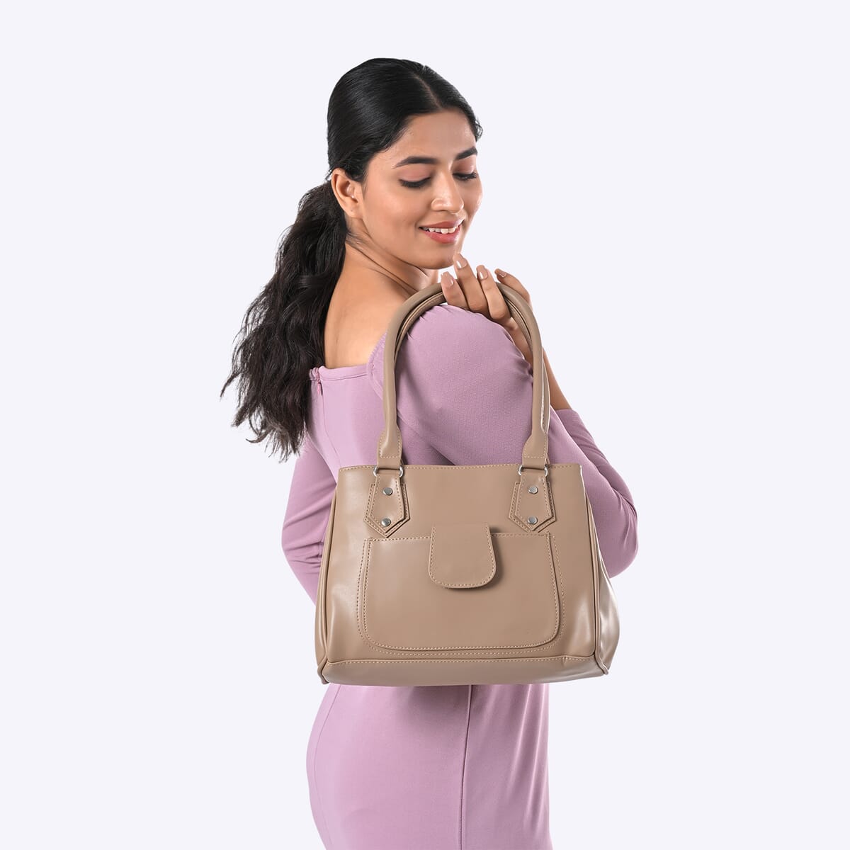Beige Faux Leather 3 Compartment Handbag with Dual Handles image number 3