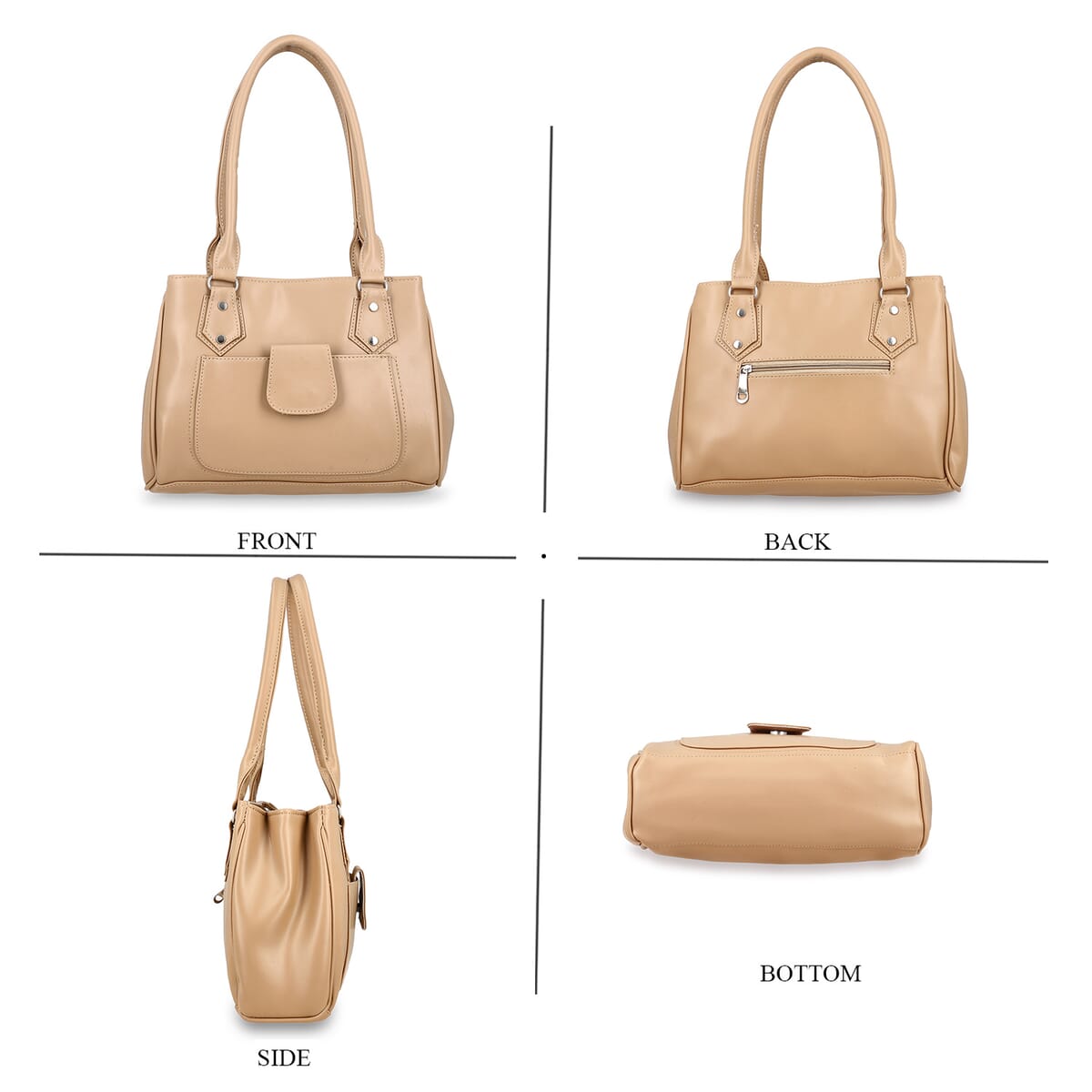 Beige Faux Leather 3 Compartment Handbag with Dual Handles image number 4
