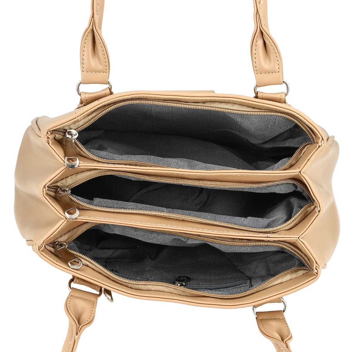 Beige Faux Leather 3 Compartment Handbag with Dual Handles image number 5