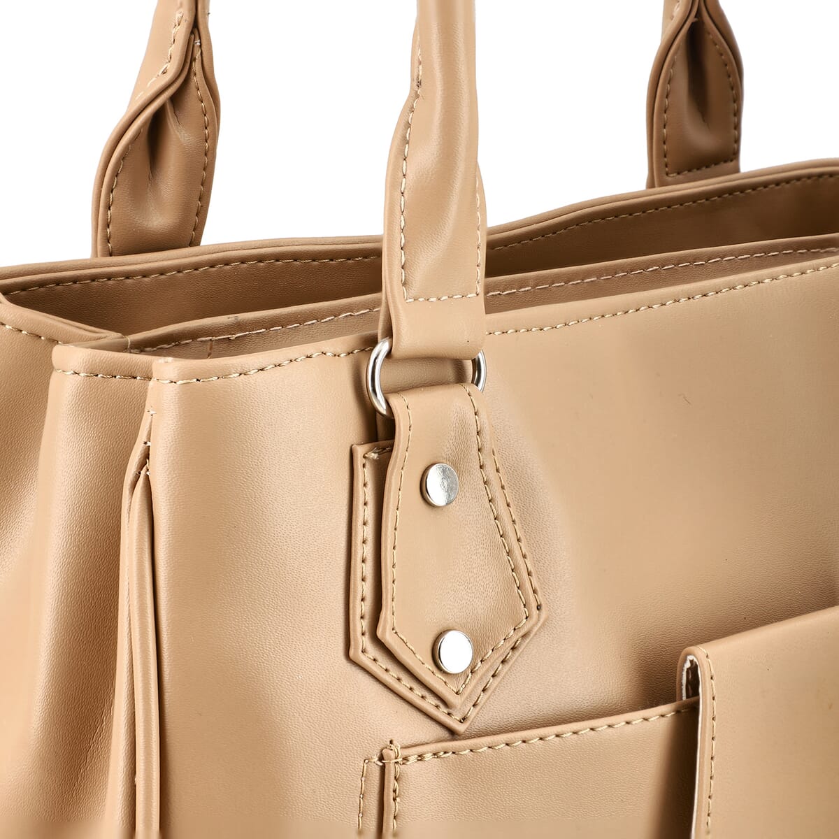 Beige Faux Leather 3 Compartment Handbag with Dual Handles image number 6