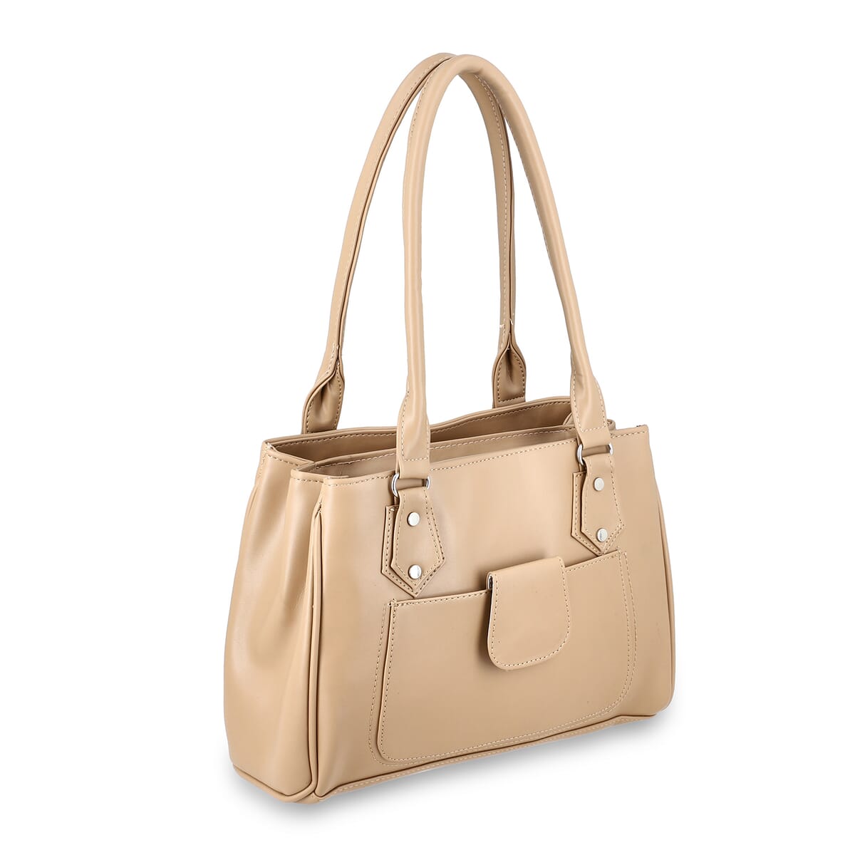 Beige Faux Leather 3 Compartment Handbag with Dual Handles image number 8