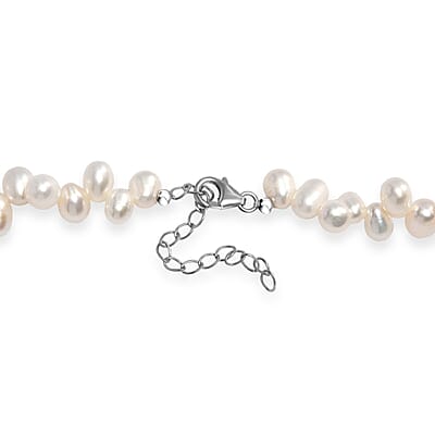 White Freshwater Pearl Oval Shape Bubble Necklace in Rhodium Over Sterling Silver 18 Inches