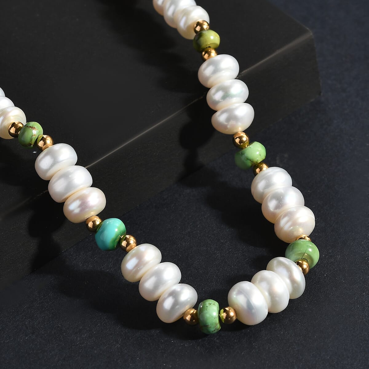 White Fresh Water Pearl and Sonoran Gold Turquoise 17.00 ctw Necklace in 18K Vermeil Yellow Gold Over Sterling Silver 18 Inches image number 1