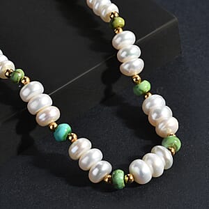 White Fresh Water Pearl and Sonoran Gold Turquoise 17.00 ctw Necklace in 18K Vermeil Yellow Gold Over Sterling Silver 18 Inches