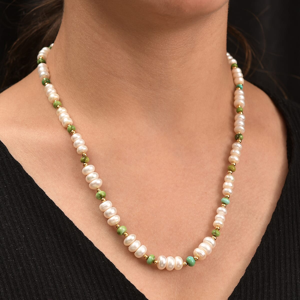 White Fresh Water Pearl and Sonoran Gold Turquoise 17.00 ctw Necklace in 18K Vermeil Yellow Gold Over Sterling Silver 18 Inches image number 2