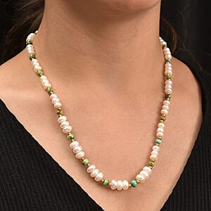 White Fresh Water Pearl and Sonoran Gold Turquoise 17.00 ctw Necklace in 18K Vermeil Yellow Gold Over Sterling Silver 18 Inches