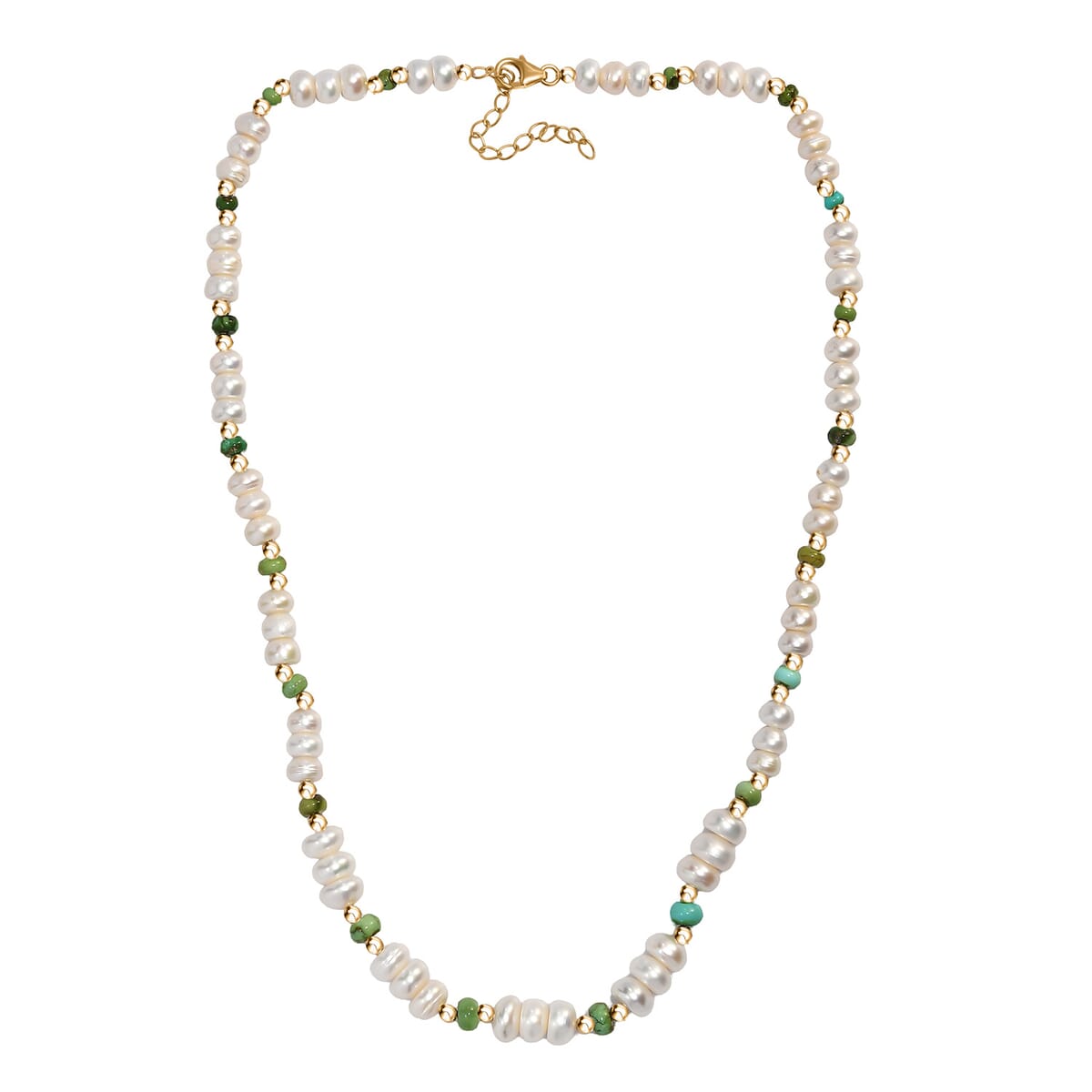 White Fresh Water Pearl and Sonoran Gold Turquoise 17.00 ctw Necklace in 18K Vermeil Yellow Gold Over Sterling Silver 18 Inches image number 3
