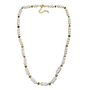 White Fresh Water Pearl and Sonoran Gold Turquoise 17.00 ctw Necklace in 18K Vermeil Yellow Gold Over Sterling Silver 18 Inches