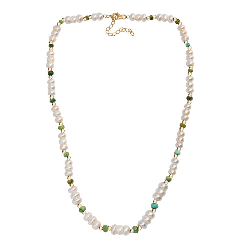 White Fresh Water Pearl and Sonoran Gold Turquoise 17.00 ctw Necklace in 18K Vermeil Yellow Gold Over Sterling Silver 18 Inches