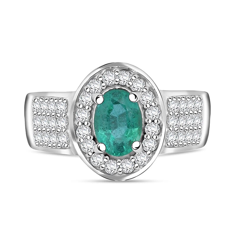Kagem Zambian Emerald and White Zircon 1.60 ctw Ring in Rhodium Over Sterling Silver (Size 7.0)