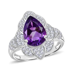 D'Joy Premium Moroccan Amethyst and White Zircon 3.40 ctw Midnight Lotus Ring in Rhodium Over Sterling Silver (Size 10.0)