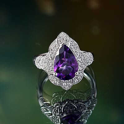 D'Joy Premium Moroccan Amethyst and White Zircon 3.40 ctw Midnight Lotus Ring in Rhodium Over Sterling Silver (Size 10.0)