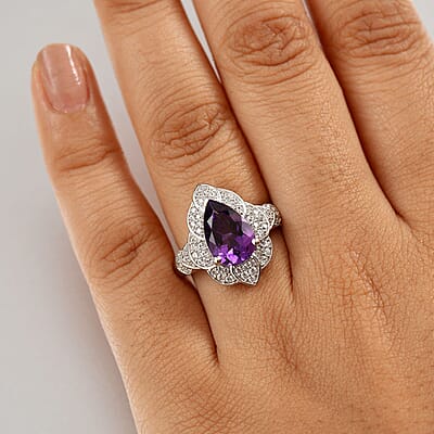 D'Joy Premium Moroccan Amethyst and White Zircon 3.40 ctw Midnight Lotus Ring in Rhodium Over Sterling Silver (Size 10.0)