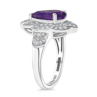 D'Joy Premium Moroccan Amethyst and White Zircon 3.40 ctw Midnight Lotus Ring in Rhodium Over Sterling Silver (Size 10.0)