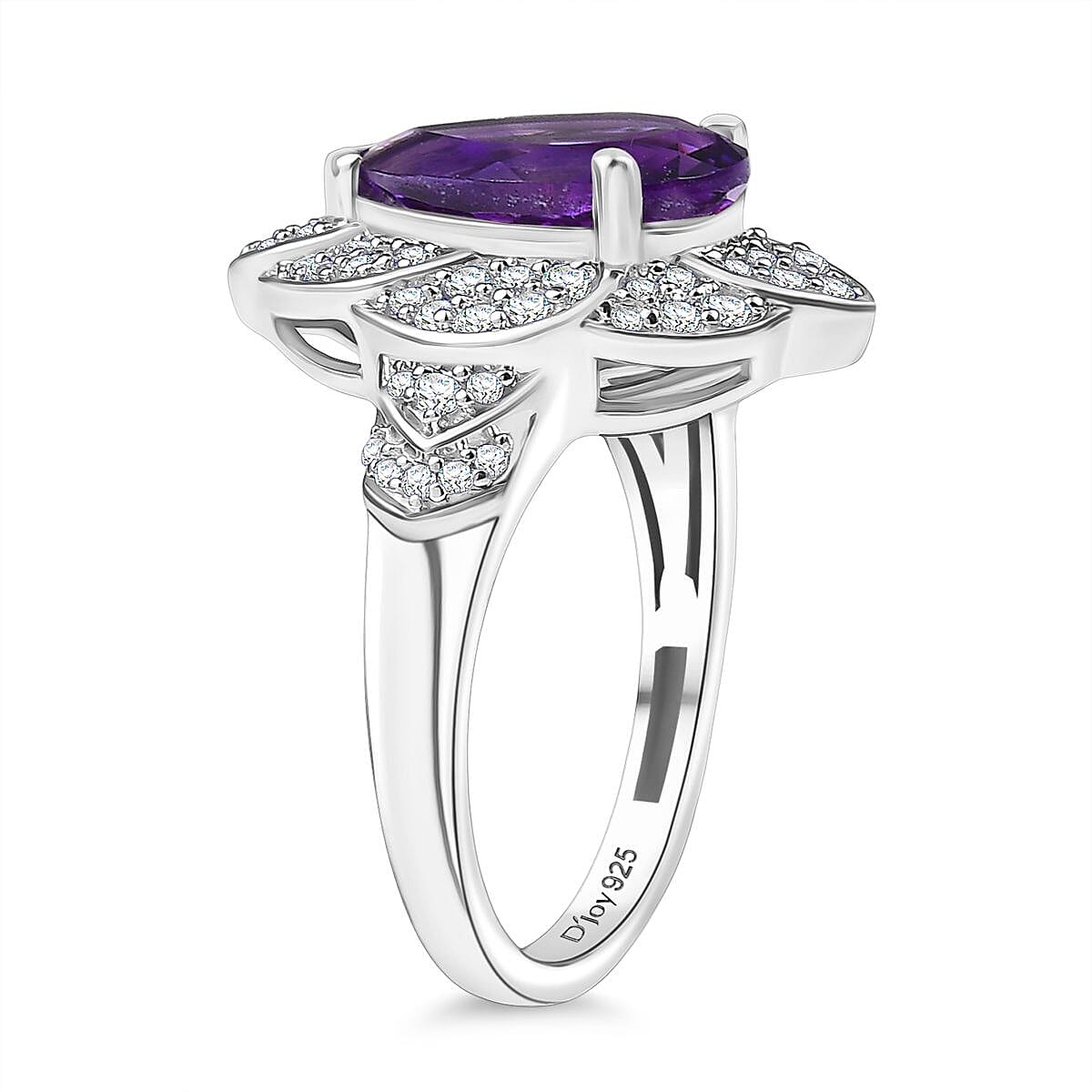 D'Joy Premium Moroccan Amethyst and White Zircon 3.40 ctw Midnight Lotus Ring in Rhodium Over Sterling Silver (Size 5.0) image number 3