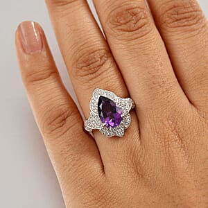 D'Joy Premium Moroccan Amethyst and White Zircon 3.40 ctw Midnight Lotus Ring in Rhodium Over Sterling Silver (Size 7.0)