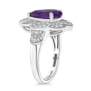 D'Joy Premium Moroccan Amethyst and White Zircon 3.40 ctw Midnight Lotus Ring in Rhodium Over Sterling Silver (Size 7.0)