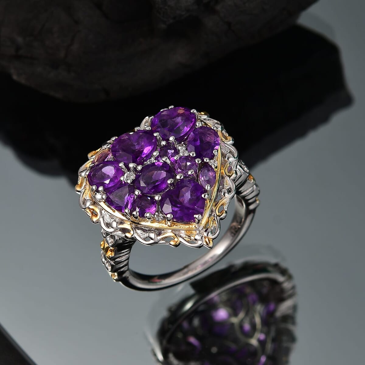 Karis African Amethyst and Multi Gemstone 3.85 ctw Heart of Elegance Ring in 18K YG Plated and Platinum Bond (Size 5.0) image number 1