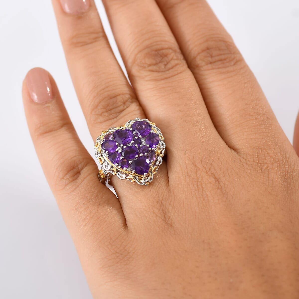 Karis African Amethyst and Multi Gemstone 3.85 ctw Heart of Elegance Ring in 18K YG Plated and Platinum Bond (Size 5.0) image number 2