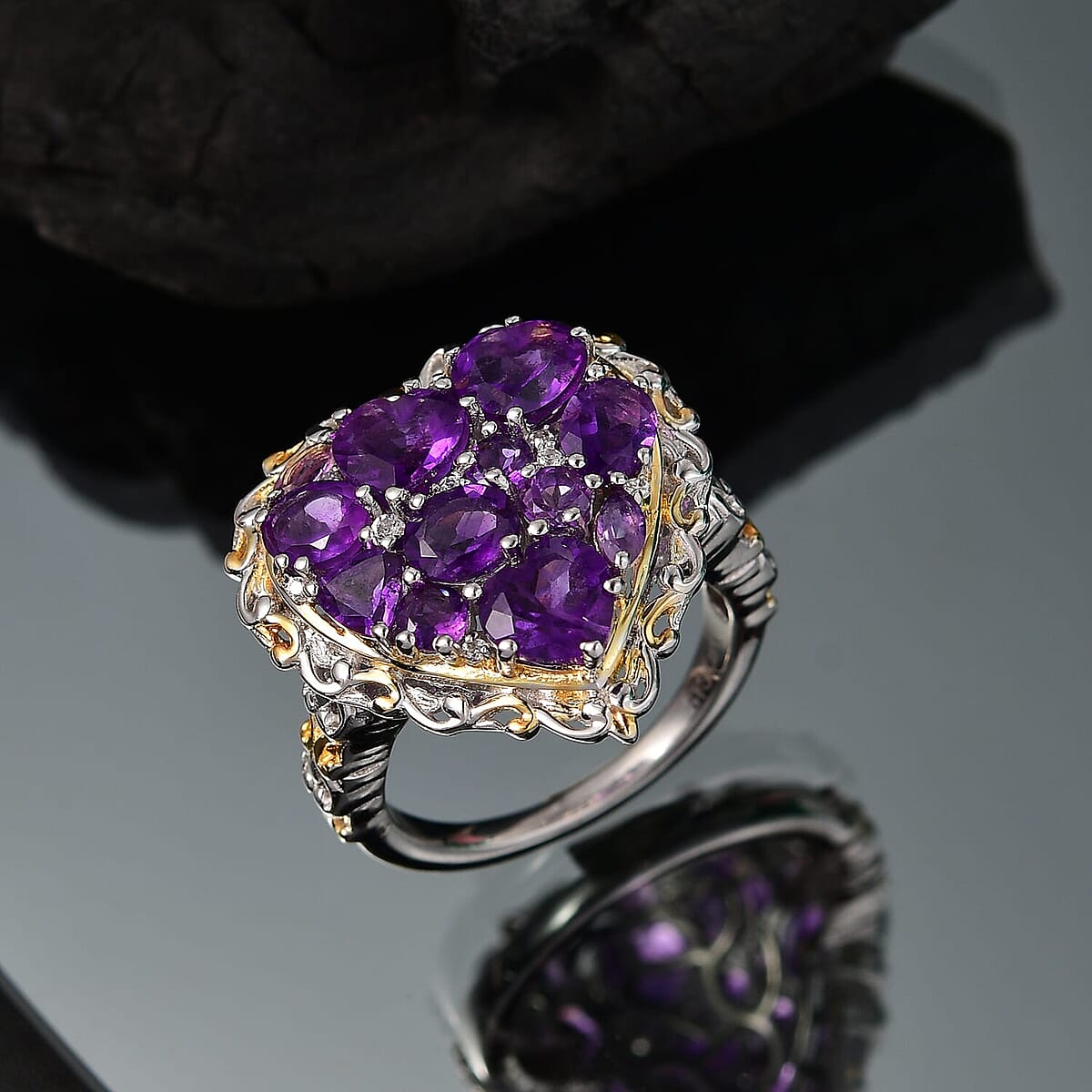 Karis African Amethyst and Multi Gemstone 3.85 ctw Heart of Elegance Ring in 18K YG Plated and Platinum Bond (Size 6.0) image number 1