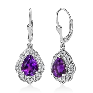 D'Joy Premium Moroccan Amethyst and White Zircon 3.20 ctw Midnight Lotus Earrings in Rhodium Over Sterling Silver