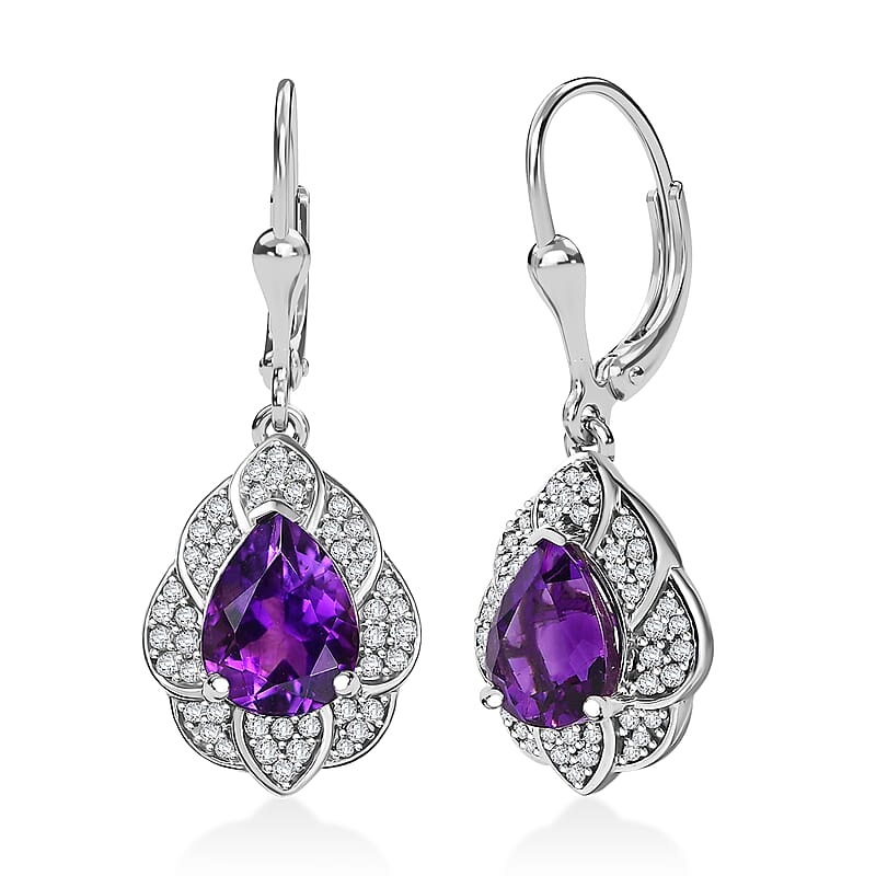 D'Joy Premium Moroccan Amethyst and White Zircon 3.20 ctw Midnight Lotus Earrings in Rhodium Over Sterling Silver