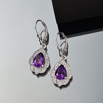 D'Joy Premium Moroccan Amethyst and White Zircon 3.20 ctw Midnight Lotus Earrings in Rhodium Over Sterling Silver