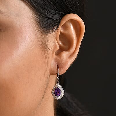 D'Joy Premium Moroccan Amethyst and White Zircon 3.20 ctw Midnight Lotus Earrings in Rhodium Over Sterling Silver