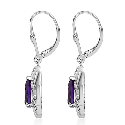 D'Joy Premium Moroccan Amethyst and White Zircon 3.20 ctw Midnight Lotus Earrings in Rhodium Over Sterling Silver