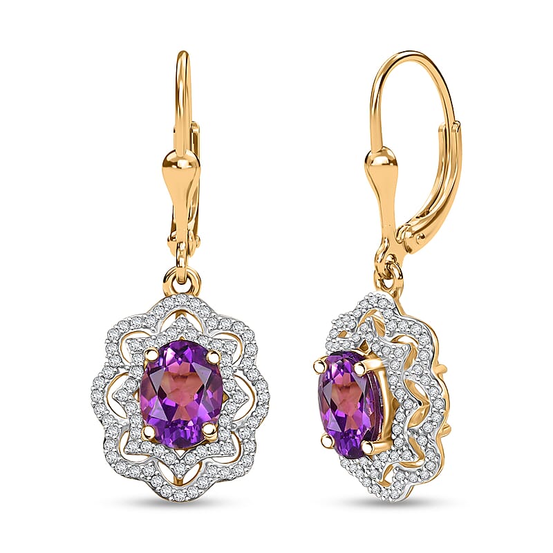 D'Joy Moroccan Amethyst and Moissanite 4.85 ctw Stellar Blossom Earrings in 18K Vermeil Yellow Gold Over Sterling Silver 