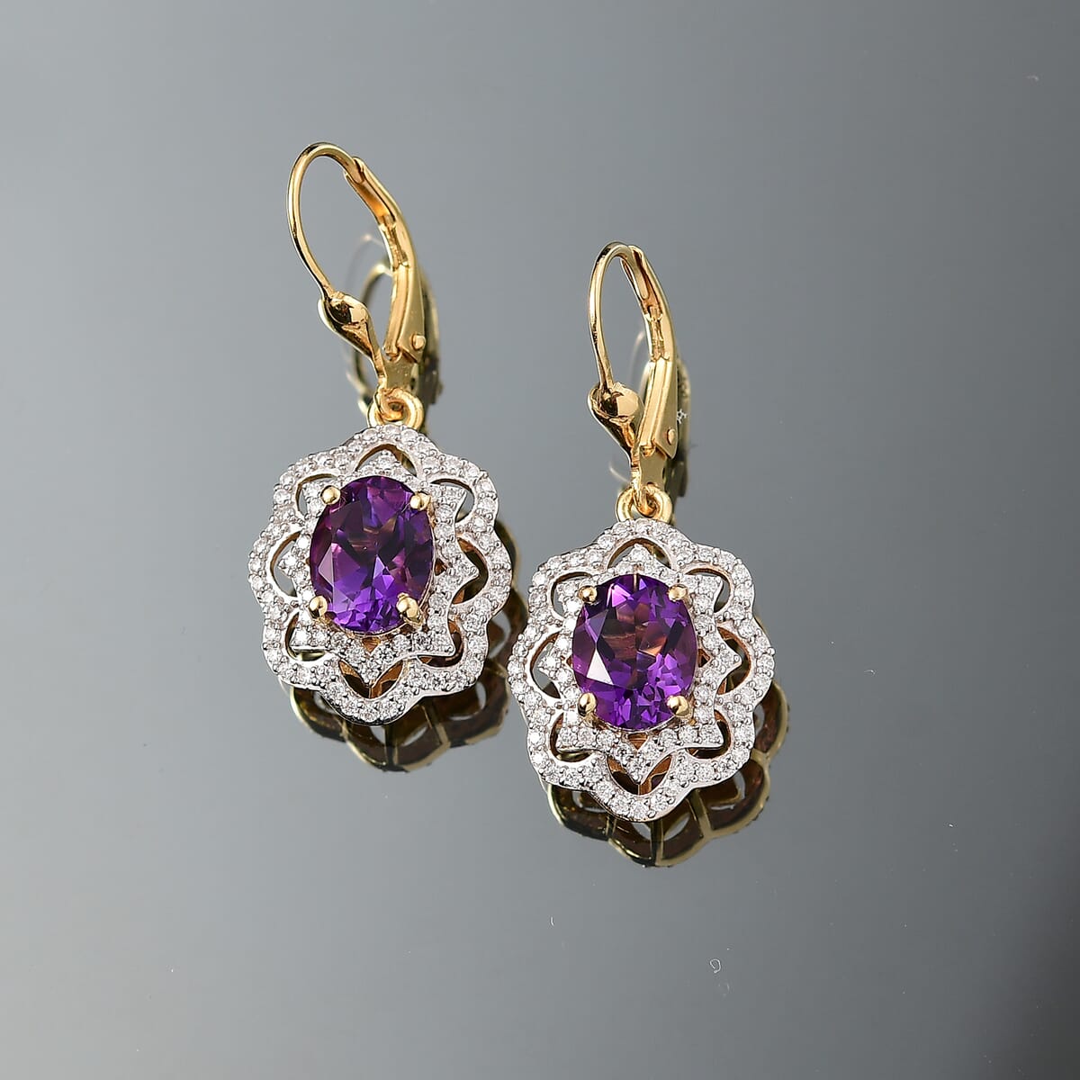 D'Joy Moroccan Amethyst and Moissanite 4.85 ctw Stellar Blossom Earrings in 18K Vermeil Yellow Gold Over Sterling Silver  image number 1