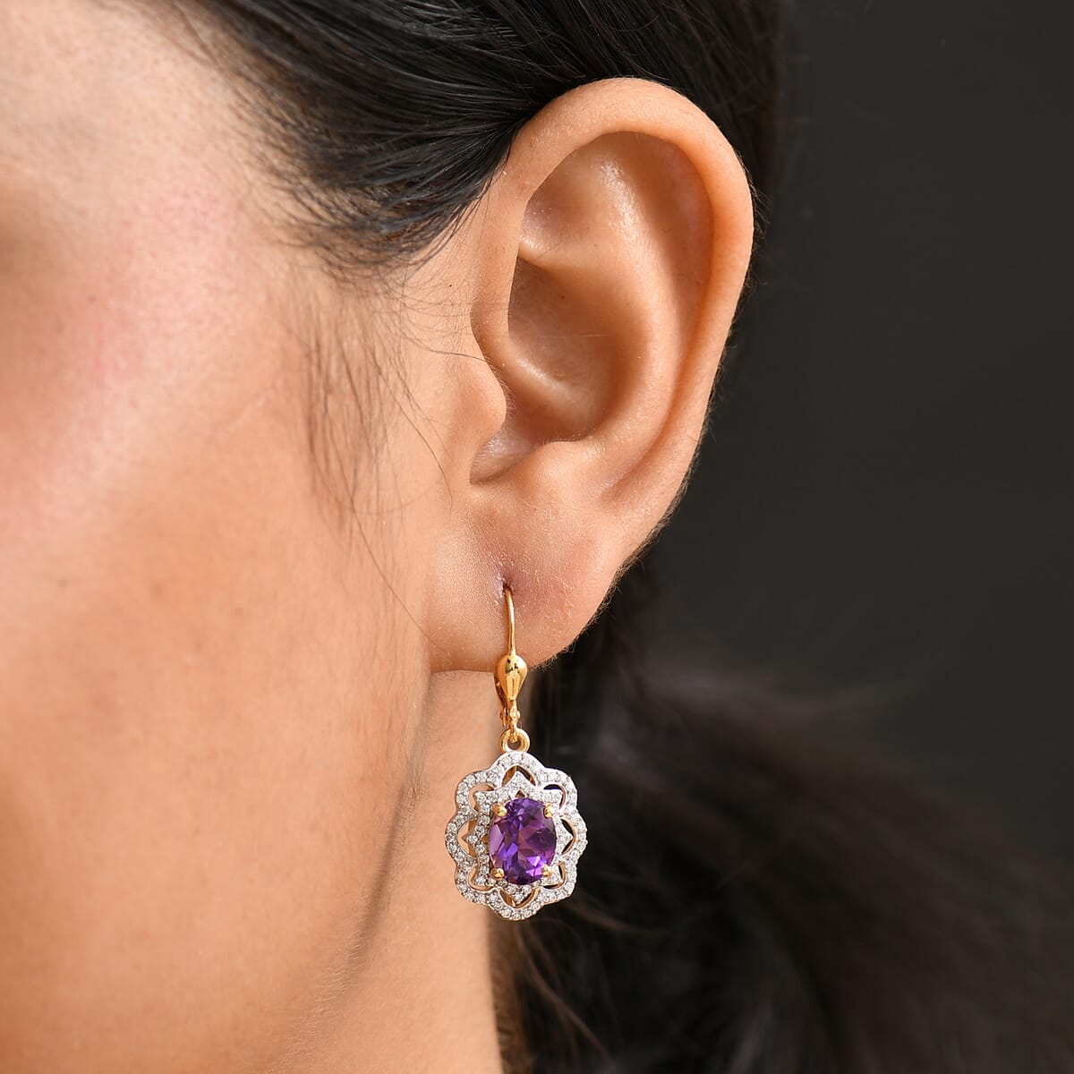 D'Joy Moroccan Amethyst and Moissanite 4.85 ctw Stellar Blossom Earrings in 18K Vermeil Yellow Gold Over Sterling Silver  image number 2