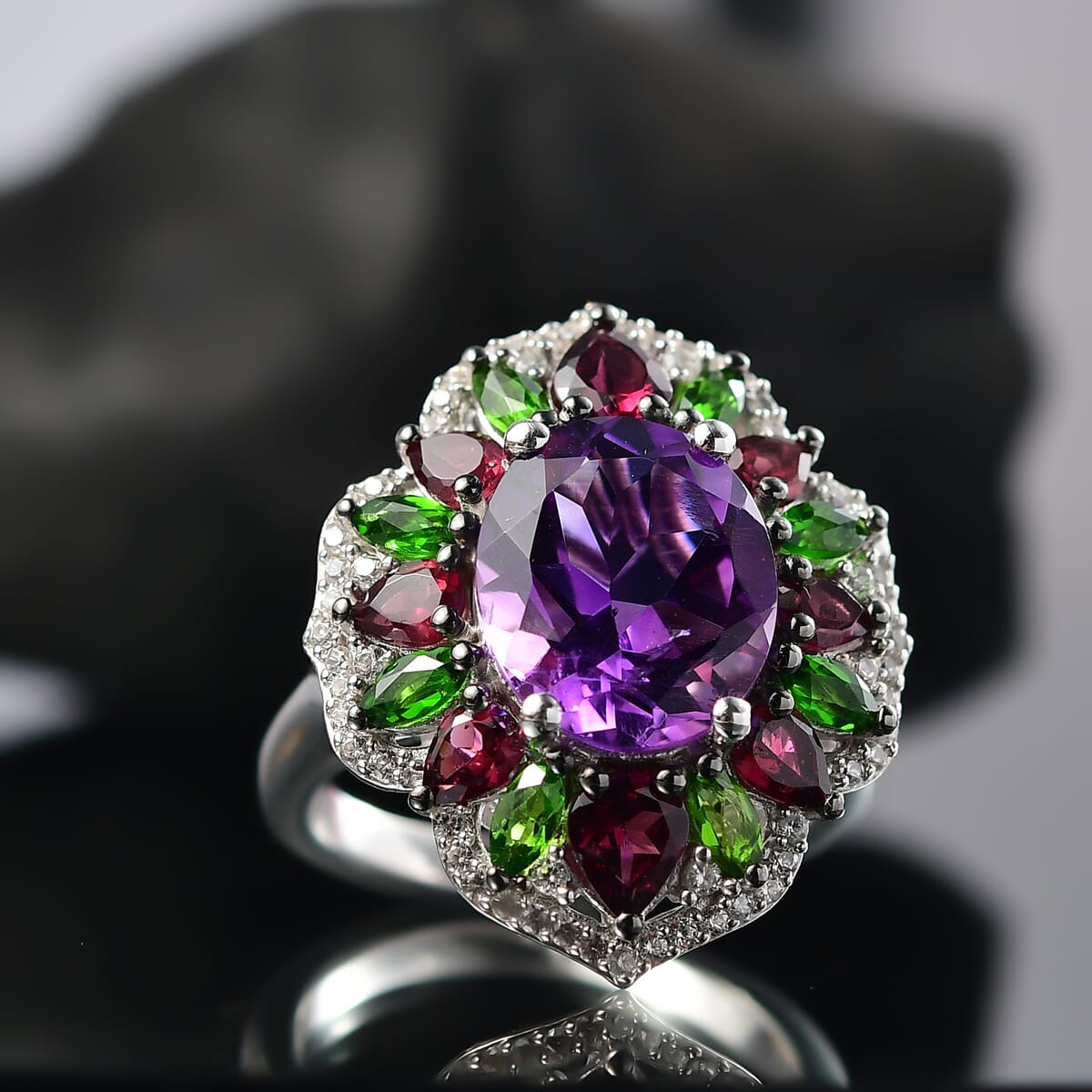 D'Joy Moroccan Amethyst and Multi Gemstone 7.40 ctw Nature's Empress Ring in Rhodium Over Sterling Silver (Size 10.0) image number 1