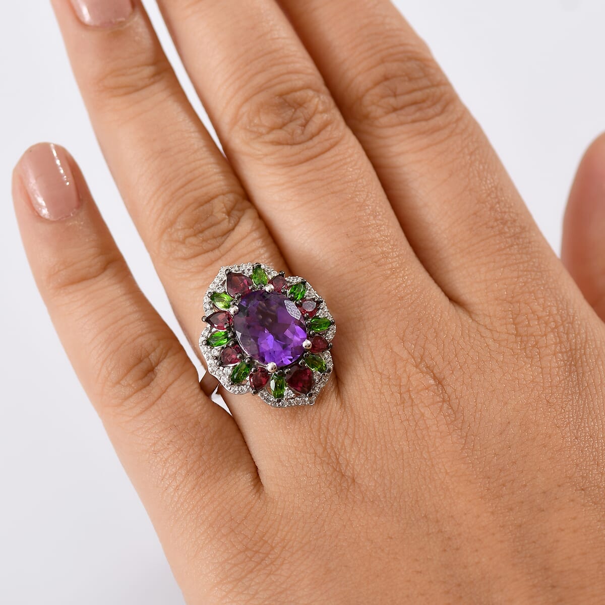 D'Joy Moroccan Amethyst and Multi Gemstone 7.40 ctw Nature's Empress Ring in Rhodium Over Sterling Silver (Size 10.0) image number 2