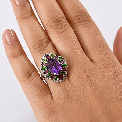 D'Joy Moroccan Amethyst and Multi Gemstone 7.40 ctw Nature's Empress Ring in Rhodium Over Sterling Silver (Size 10.0)