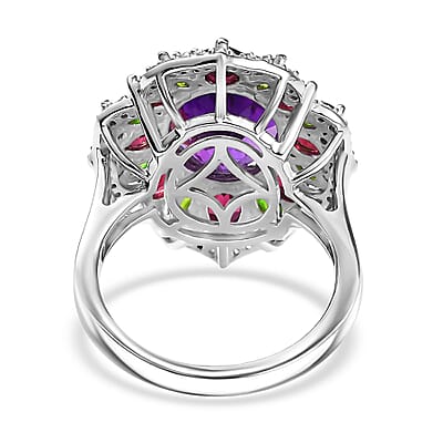 D'Joy Moroccan Amethyst and Multi Gemstone 7.40 ctw Nature's Empress Ring in Rhodium Over Sterling Silver (Size 10.0)