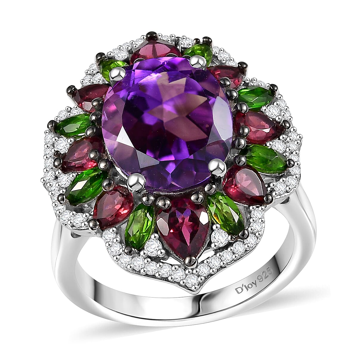 D'Joy Moroccan Amethyst and Multi Gemstone 7.40 ctw Nature's Empress Ring in Rhodium Over Sterling Silver (Size 5.0) image number 0