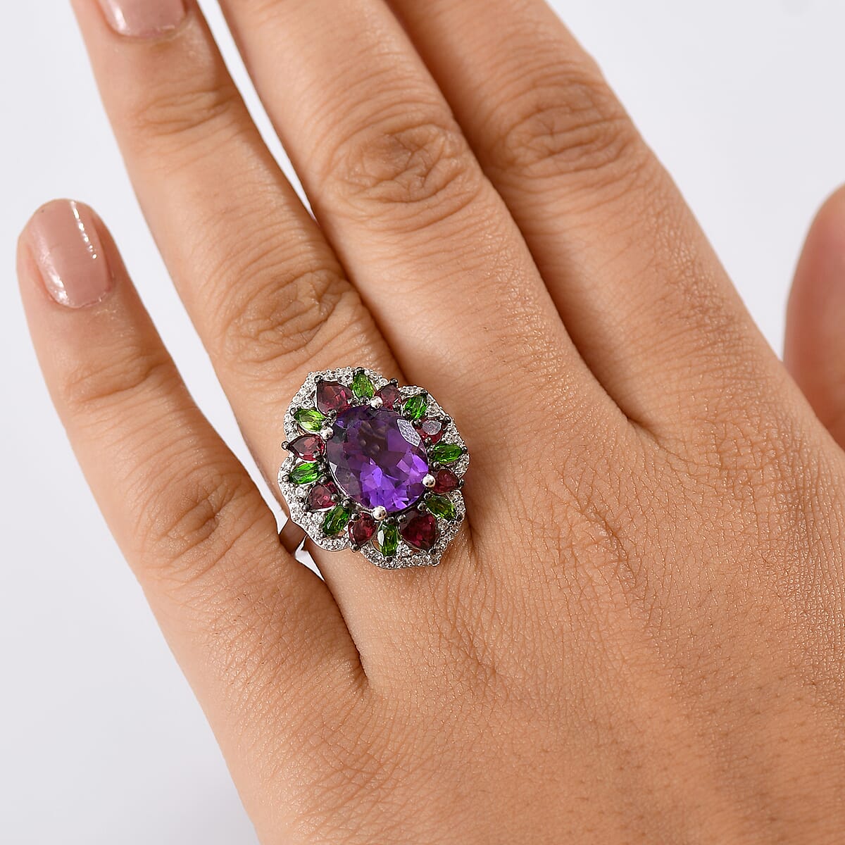 D'Joy Moroccan Amethyst and Multi Gemstone 7.40 ctw Nature's Empress Ring in Rhodium Over Sterling Silver (Size 5.0) image number 2