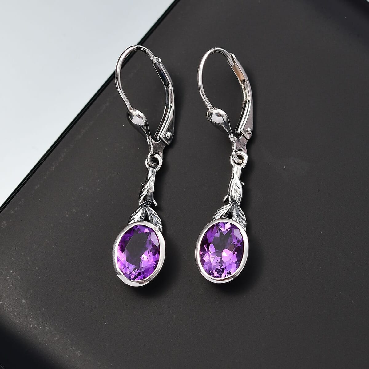 D'Joy Artisan Crafted Moroccan Amethyst 2.30 ctw Eternal Leaf Earrings in Black Oxidized Sterling Silver image number 1