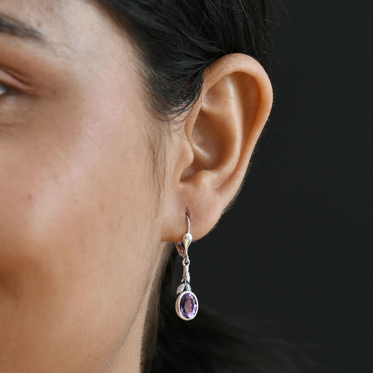 D'Joy Artisan Crafted Moroccan Amethyst 2.30 ctw Eternal Leaf Earrings in Black Oxidized Sterling Silver image number 2