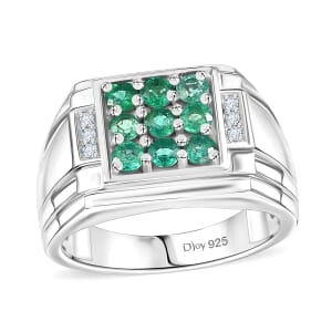D'Joy Premium Kagem Zambian Emerald and Moissanite 1.50 ctw Art Deco Mens Ring in Rhodium Over Sterling Silver (Size 10.0)