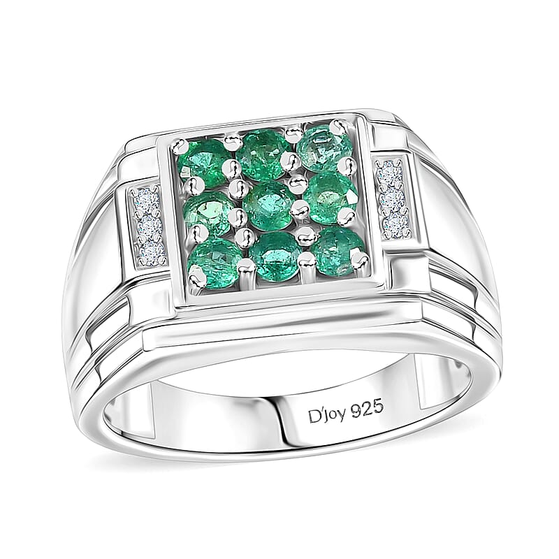 D'Joy Premium Kagem Zambian Emerald and Moissanite 1.50 ctw Art Deco Mens Ring in Rhodium Over Sterling Silver (Size 10.0)