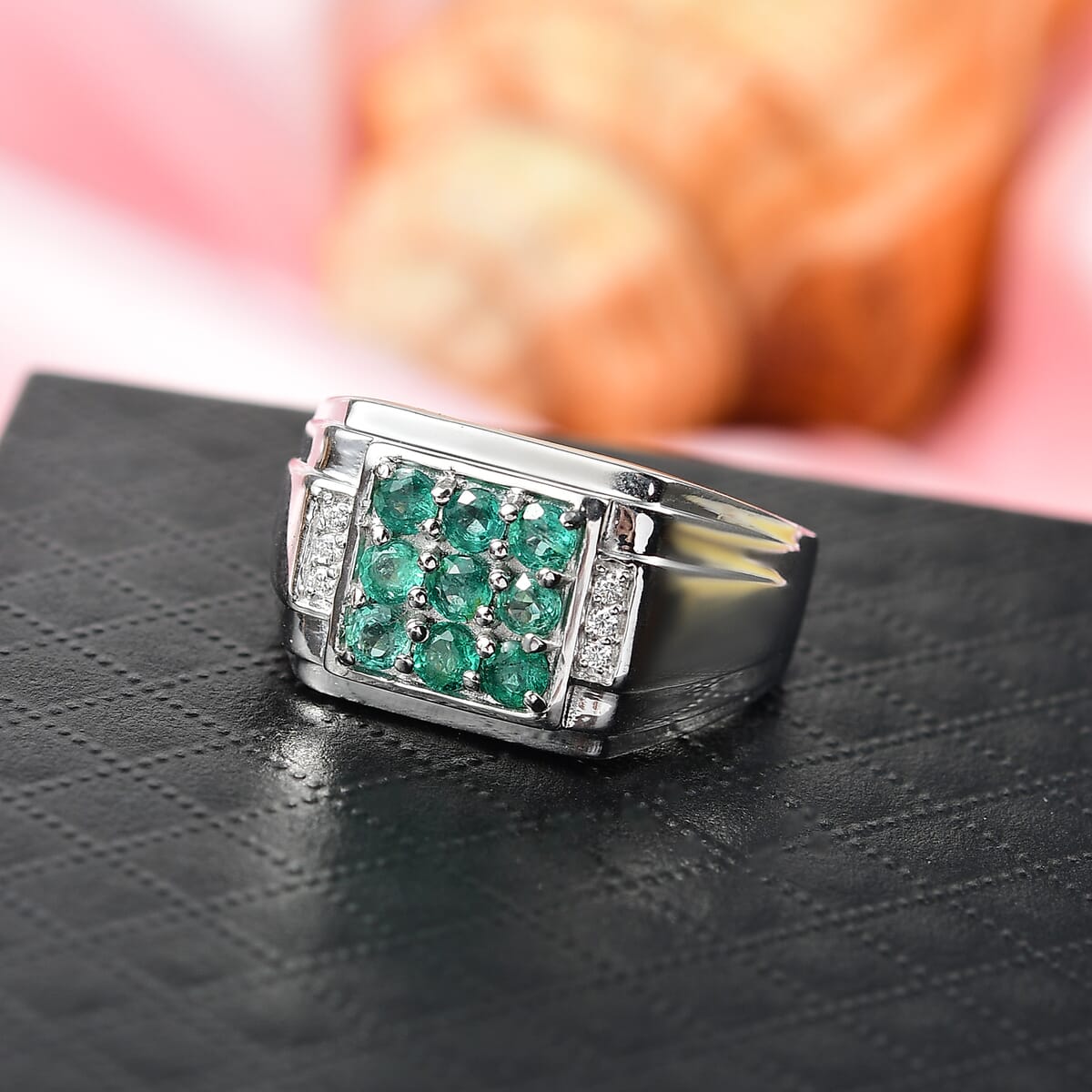 D'Joy Premium Kagem Zambian Emerald and Moissanite 1.50 ctw Art Deco Mens Ring in Rhodium Over Sterling Silver (Size 10.0) image number 1
