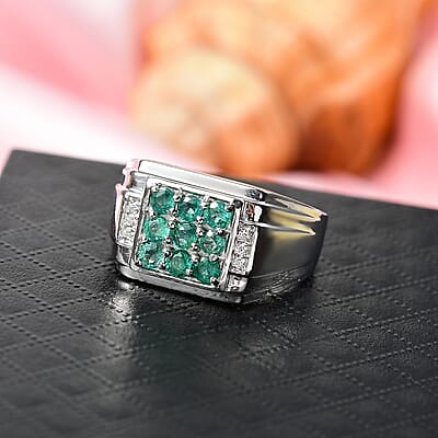 D'Joy Premium Kagem Zambian Emerald and Moissanite 1.50 ctw Art Deco Mens Ring in Rhodium Over Sterling Silver (Size 10.0)