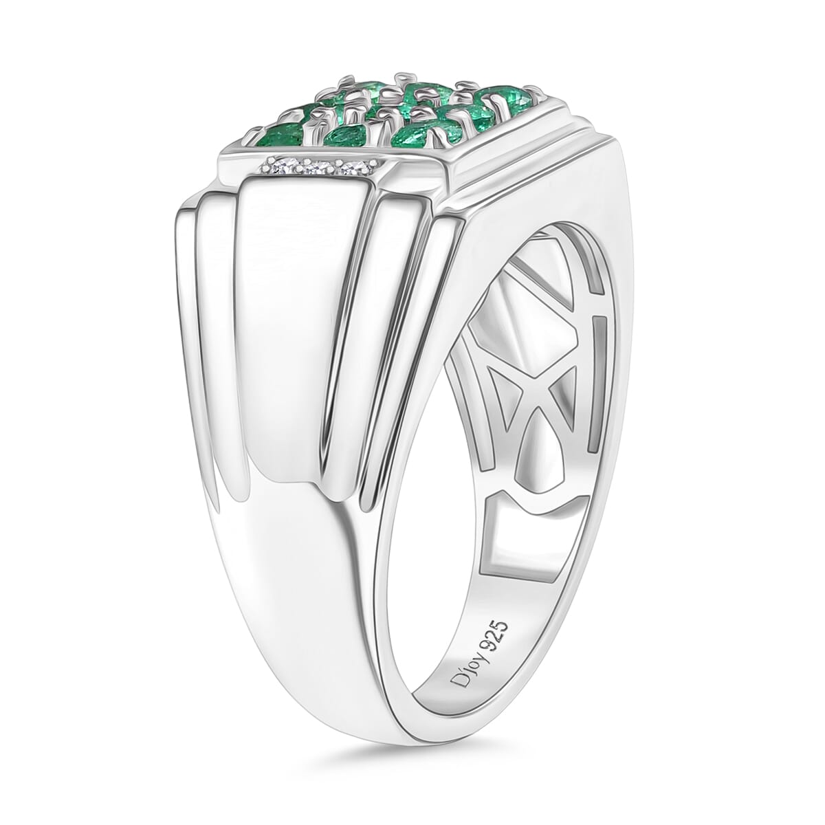 D'Joy Premium Kagem Zambian Emerald and Moissanite 1.50 ctw Art Deco Mens Ring in Rhodium Over Sterling Silver (Size 10.0) image number 3