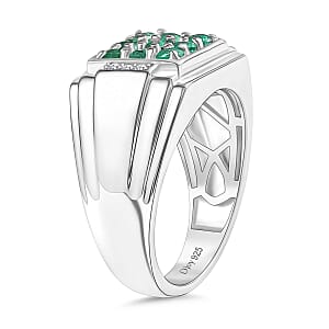 D'Joy Premium Kagem Zambian Emerald and Moissanite 1.50 ctw Art Deco Mens Ring in Rhodium Over Sterling Silver (Size 10.0)