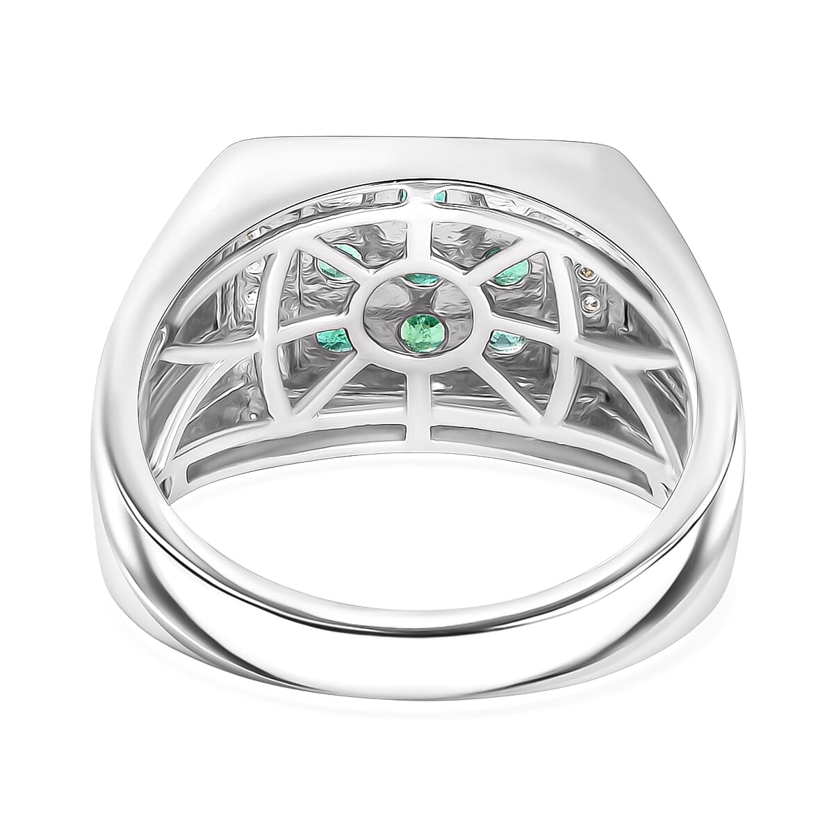 D'Joy Premium Kagem Zambian Emerald and Moissanite 1.50 ctw Art Deco Mens Ring in Rhodium Over Sterling Silver (Size 10.0) image number 4