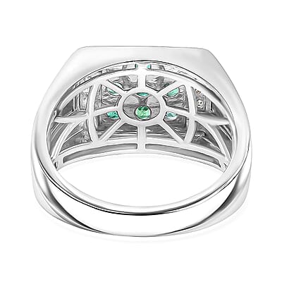 D'Joy Premium Kagem Zambian Emerald and Moissanite 1.50 ctw Art Deco Mens Ring in Rhodium Over Sterling Silver (Size 10.0)